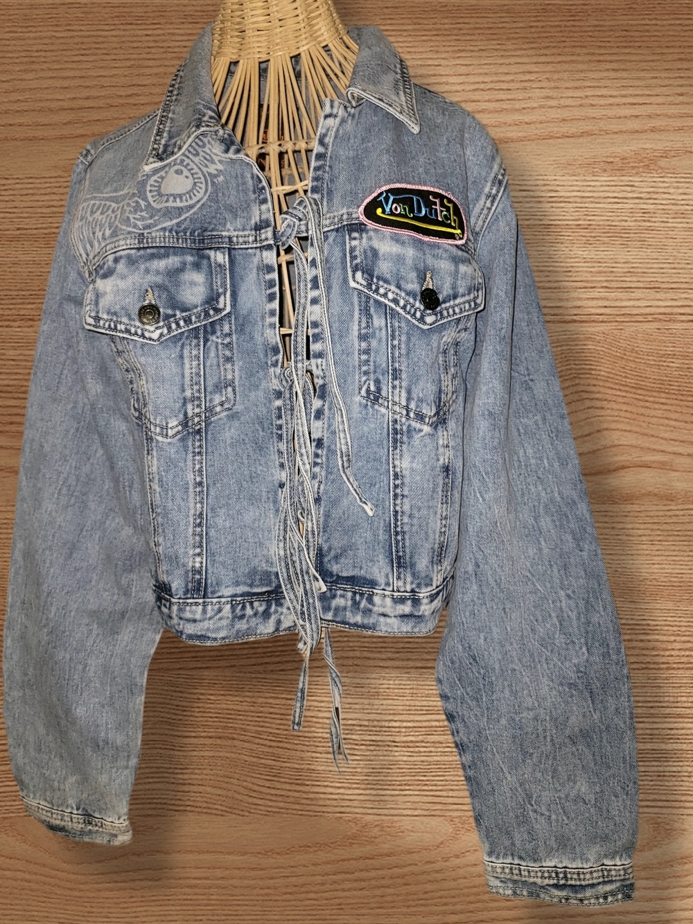 Von Dutch Womens Light Blue Denim Jacket - Cropped Tie-Front